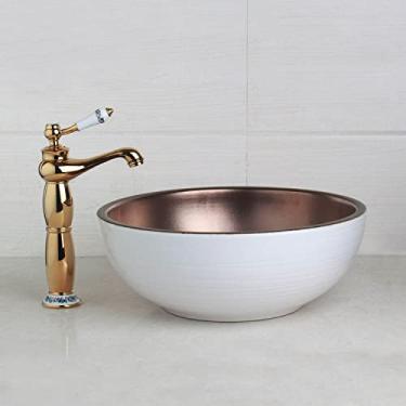 Imagem de Conjunto de pia de banheiro arte azul bacia de cerâmica torneira de latão antigo roatado branco torneira misturadora de lavatório pop up ralo (461797158)