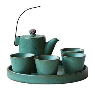 Imagem de Conjunto de alças chinesas e xícaras de chá de porcelana para uso doméstico bule de chá para 4 adultos lindamente excelente presente de decoração de casa (verde)