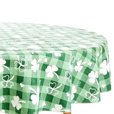 Imagem de NESAYVER Toalha de mesa de vinil do Dia de São Patrício com forro de flanela para mesas redondas, PEVA 132 x 170 cm, impermeável, resistente a rugas e manchas, capa de mesa xadrez para jantar, cozinha