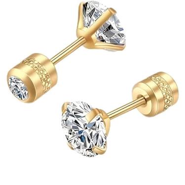Imagem de Pacote com 2 brincos de zircônia cúbica branca 5A de 4 mm com design floral em relevo, parafuso traseiro, banhado a ouro 18K, pino de aço inoxidável 316L, One Size, Metal, Sem pedra preciosa