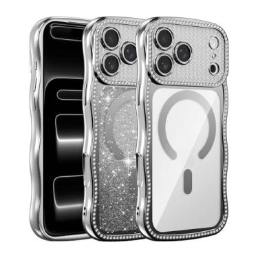 Imagem de UCASONG Capa transparente magnética para iPhone 17 Pro Max de 6,9 polegadas com cartão de glitter gradiente, linda moldura ondulada encaracolada com strass brilhante, compatível com MagSafe, capa de