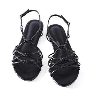 Imagem de Mtzyoa Sandálias femininas rasteiras com tiras, couro sintético trançado, bico aberto, bege, estilo casual de praia, Preto, 35