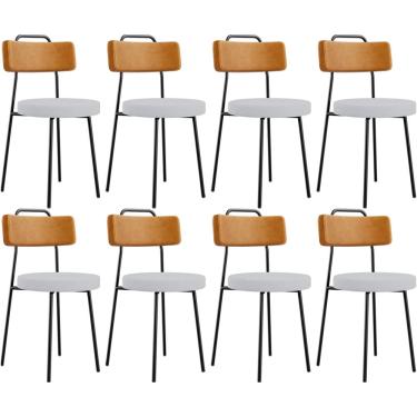 Imagem de Kit 08 Cadeiras Decorativa Estofada Sala Jantar Barcelona L02 Couríssimo Whisky Linho Cinza - Lyam