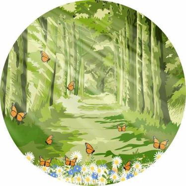 Imagem de Painel de Tecido Sublimado Redondo Floresta Raios de Sol Flores e Borb