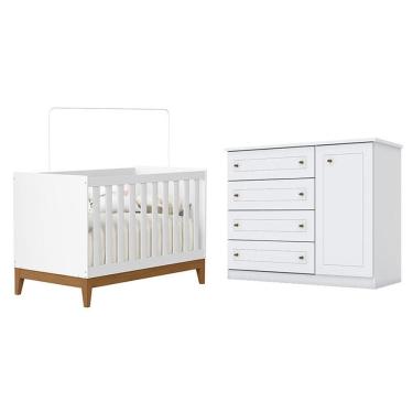 Imagem de Berço Americano Flip Branco Acetinado Reller e Cômoda Infantil Americano Brando HP - Henn