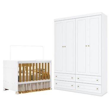 Imagem de Berço Americano Katatau Branco Acetinado Savana - Reller e Guarda Roupa Infantil Americano 4 Portas Branco HP - Henn