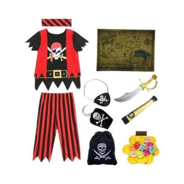 Imagem de Conjunto De Fantasia Infantil Pirata Caveira: Camisa Listrada Estampad