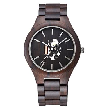 Imagem de Relógio de pulso masculino, relógio de pulso de madeira natural, relógio analógico de quartzo com mostrador de esqueleto romano, relógio luminoso para homens e mulheres, preto