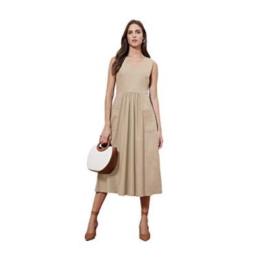 Imagem de Donna Morgan Vestido midi feminino sem mangas com decote em V e bolso frontal de linho, Natural, 38