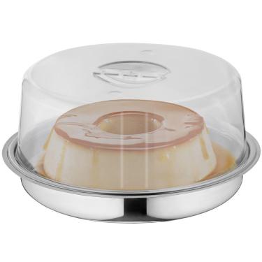 Imagem de Prato Para Pudim Em Aço Inox Com Tampa De Acrílico Transparente 25cm Suporte Porta Bolo