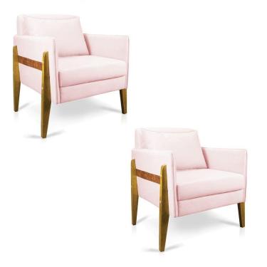 Imagem de Kit 02 Poltronas Lana Suede Base De Madeira Rosa Bebê