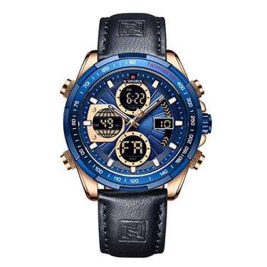 Imagem de Relógio masculino analógico digital de quartzo, de luxo, à prova d'água, de couro, moderno, cronógrafo, militar, multifuncional, relógio de pulso, Azul