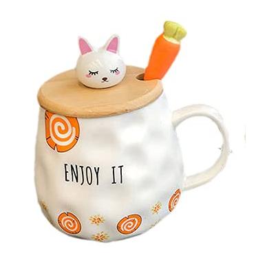 Imagem de Caneca de gato com tampa e colher 3D linda xícara de chá de café de cerâmica conjunto de caneca de casal presente de aniversário para professores, mães, amigas, amantes, (cenoura aproveite, 400 ml)