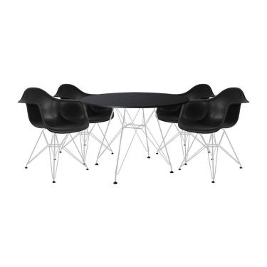 Imagem de Mesa de Jantar Eames Eiffel Redonda 90cm Preta com 4 Poltronas Pretas Ferro Branco