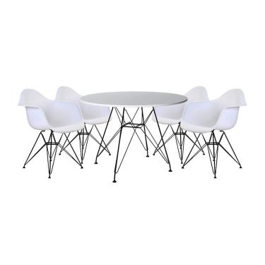 Imagem de Mesa Sala de Jantar Eames Eiffel Redonda 90cm Branca com 4 Poltronas Brancas Ferro Preto
