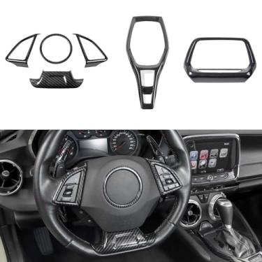 Imagem de RAZPOY Para Kit de acabamento interno de fibra de carbono Camaro, 6 peças de cobertura de volante para painel de mudança de marcha Capa de navegação de 8 polegadas compatível com Chevy Camaro 2017-2023