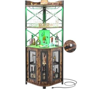 Imagem de Aheaplus Armário de canto com tomada, armário de vinho industrial com tira de LED e suporte de vidro, unidade de barra de armário de bebidas de 5 camadas para casa, armário de exibição de canto para
