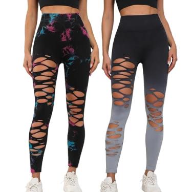 Imagem de UONNOU Meia-calça feminina com recorte tie dye de cintura alta para ioga, calça elástica para levantamento de bumbum, pacote com 2, Preto/Preto Cinza Dégradé, G