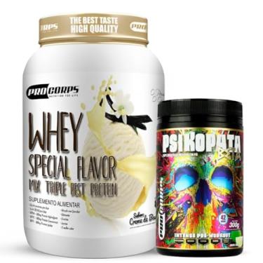 Imagem de Whey Protein 840g - 21g Proteína - Zero Açúcar + Pré Treino Psikopata Beta Limão 300g - Pro Corps (840g, Creme de Baunilha)