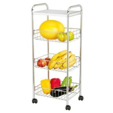 Imagem de Fruteira de Chão com Rodas Tripla Cestos Cromado e Tampa de Madeira Or