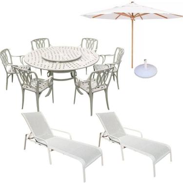 Imagem de Conjunto De Jardim Mesa Giratória 6 Cadeiras, Ombrelone E Espreguiçadeira Piscina Branco