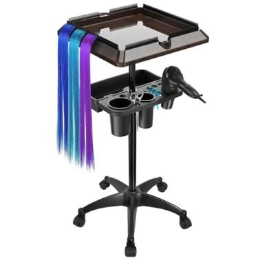 Imagem de Bandeja de salão com rodas com espaço de armazenamento extra, bandeja dupla, altura ajustável, carrinho de cabeleireiro sobre rodas, carrinho de beleza removível para loja, escritório