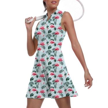 Imagem de Vestido feminino de duas peças para golfe FPS 50+ esportivo esportivo esportivo com bolso e shorts separados, Estampa flamingo 19, P