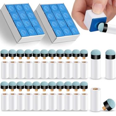 Imagem de Junkin Kit de substituição de 24 gizes de taco de sinuca e 24 pontas de taco de bilhar com virolas de giz azul acessórios de mesa de bilhar para cubos de giz de mesa rosqueados na ponta de bilhar para