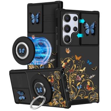Imagem de Funermei Capa para Samsung Galaxy S24 Ultra - [2 em 1] Capa para celular feminina bonita e estética feminina design exclusivo borboleta capa para câmera compatível com suporte de anel MagSafe Funda