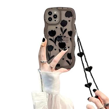 Imagem de Fycyko Capa compatível com iPhone 11 Pro Max com design de estampa de flores negras de simplicidade fofa para mulheres adolescentes e meninas para iPhone 11 Pro Max + corrente de coração preto