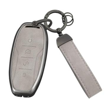 Imagem de ontto Capa para chave de carro de 4 botões com chaveiro, película de metal e couro com proteção total, compatível com BYD Song Plus Atto 3 Han EV Tang DM Qin Seal Dolphin, cinza