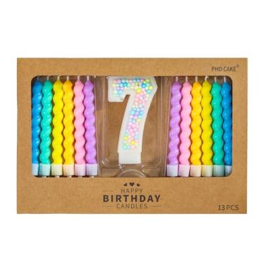 Imagem de PHD CAKE Número 7 Vela de aniversário Macaron Glitter Number Candle com velas espirais arco-íris em suportes para topo de bolo, decoração de festa tema doce pastel