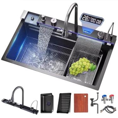Imagem de FIVIXIL Pia de cozinha dupla em cascata com visor LED com lavadora de copos, dispensador de sabão, misturador de cachoeira, controlador de bancada etc. Pia de cozinha para estação de trabalho (cinza