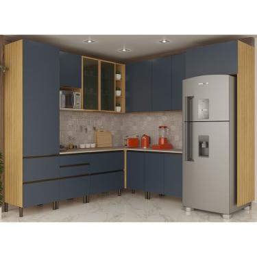 Imagem de Cozinha Completa Bartira Cristal com 11 Portas, 7 Gavetas, 13 Prateleiras, 3 Nichos e 260cm de largura - Lâmina de Mel/Azul Royal
