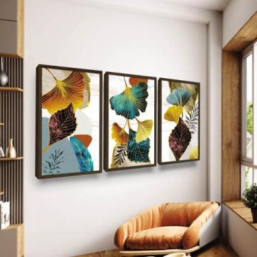 Imagem de Quadros Decorativos Folhagens Sala Tons Amarelo Azul - Looks Objetos d