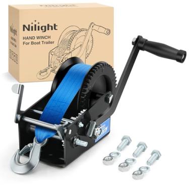Imagem de Nilight Guincho de reboque de barco 1,587.6 kg guincho de manivela resistente guincho de barco com alça azul de 33 pés gancho de corda catraca bidirecional 4:1 8:1 engrenagem guincho manual marítimo