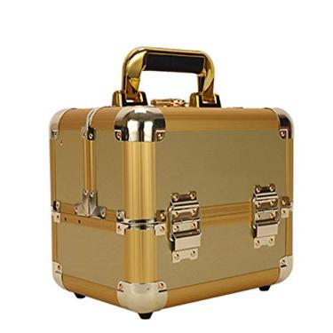 Imagem de P9IDEDFH Mini mala de maquiagem dura e resistente ao desgaste forte rolamento de carga 2 camadas dobrável caixa de armazenamento de joias de beleza profissional fácil de transportar (preto) 25 x 18,6