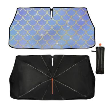 Imagem de Guarda-sol de para-brisa de carro, guarda-sol com escama de peixe, dobrável, guarda-sol 144,8 cm x 76,2 cm, bloqueio UV e isolamento térmico, proteção contra o sol para a maioria dos veículos