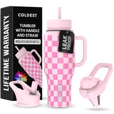 Imagem de Copo Coldest com alça e canudo - Copo isolado 100% à prova de vazamento com tampa e canudo (3 tampas) - Copos de aço inoxidável para mulheres e homens - Base compatível com porta-copos, 1,020 g (damas