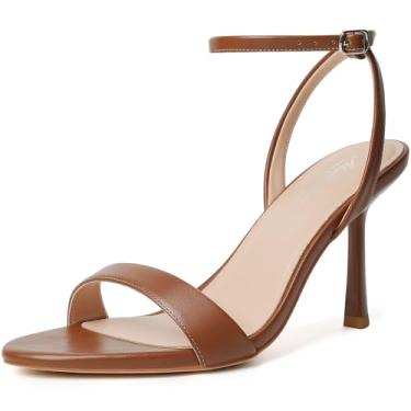 Imagem de Mostrin Sandálias femininas de salto alto com tiras de cadarço e tira no tornozelo, bico fino, bico aberto, salto alto para formatura, festa, dia a dia, Marrom, 37