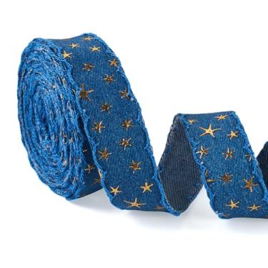 Imagem de Bestewelry 5 metros de fita de tecido jeans 3D ouro estrela estampada fita de tecido jeans para costura, artesanato, embrulho de presente, enfeite DIY - azul marinho