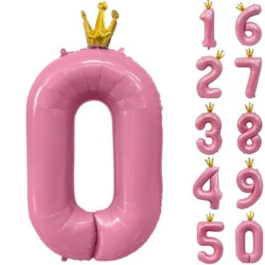 Imagem de Balão rosa número 0 de 101,6 cm com coroa, balões de coroa rosa 0-9 para decoração de aniversário de 0 anos
