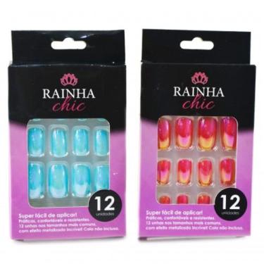 Imagem de Kit unha postiça com 24 peças cromadas azul e rosa - Belliz