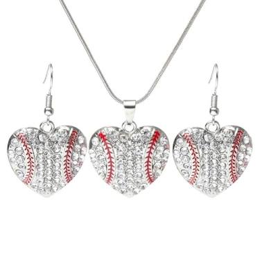 Imagem de QRH Conjunto de brincos de colar de beisebol de zircônia cúbica em forma de coração brilhante amor coração gota de beisebol brincos danle colares strass bolas esportivas dia de jogo brinco fãs
