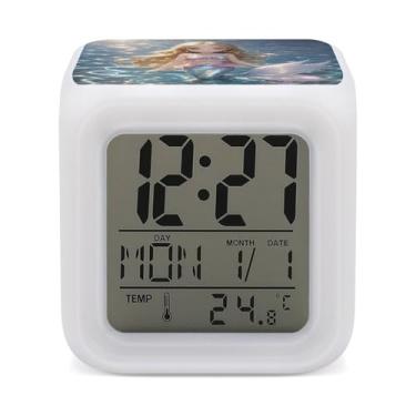 Imagem de RTFGHJS Despertador Sereia Colorido Despertador Pequeno Display LED Despertador Digital Compacto Relógio Eletrônico para Quartos Cabeceira Mesa Prateleira Tamanho Único