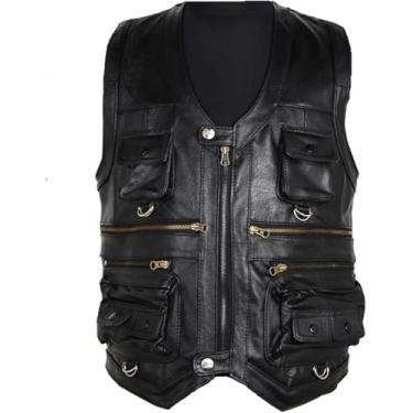 Imagem de Colete De Couro Masculino Colete Marrom Masculino Jaqueta Sem Mangas Grossa Motocicleta Plus Size Colete Multi Bolso, Black, 6XL