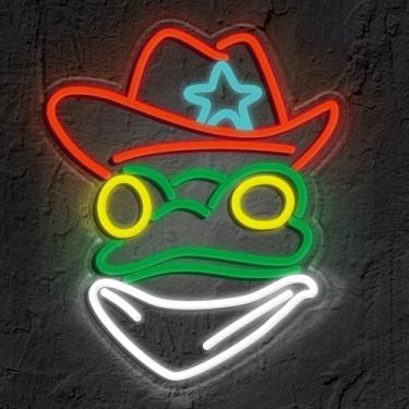 Imagem de QIXCOZTI Sinais de neon de sapo caubói Alice no País das Maravilhas Luz neon para decoração de arte de parede, sapo caubói regulável, luzes de LED para quarto, homem, festa, bar, decoração de fundo