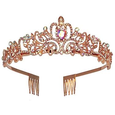 Imagem de Tiara de casamento de strass de cristal com pente para noivas, princesas, rainhas, coroação, festa de aniversário, coroa de ouro rosa para meninas e mulheres, festa de carnaval, celebração de férias
