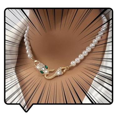Imagem de RELOVET Colar de pérola elegante de cobra com detalhes dourados e colar de cristais esmeralda para mulheres, free, Strass, Sem Pedra Preciosa