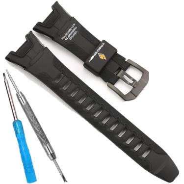 Imagem de Pulseira de resina compatível com Casio Pro Trek PRG-110C PRG-110Y PRW-1300 PRW-1300Y PAW-1300 Pulseira de relógio masculina (pulseira preta com fivela preta)